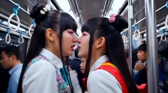 【d_644516】【満員電車】鼻と鼻をくっつけて睨み合う両者。