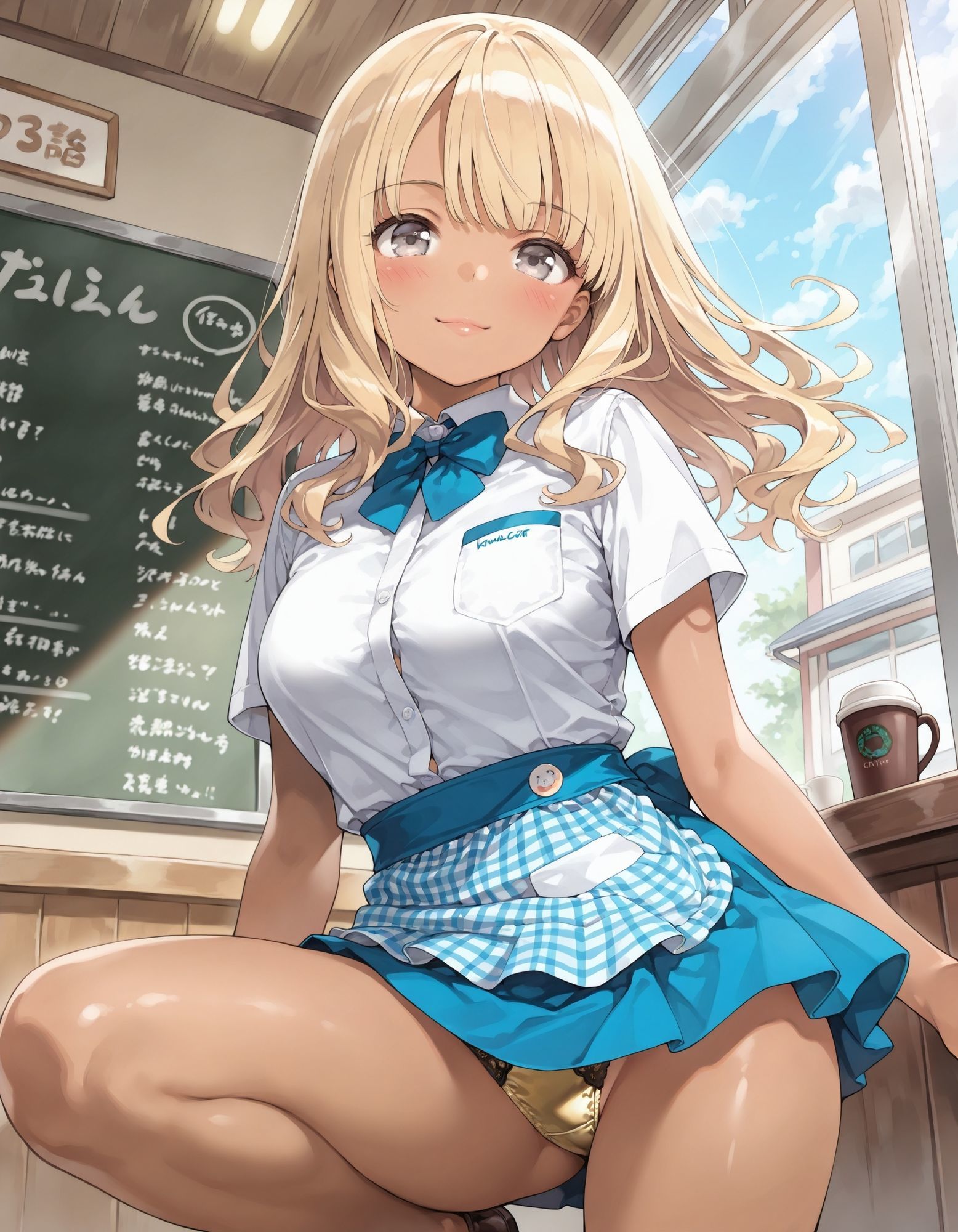 黒ギャルウェイトレスのしゃがみパンチラ