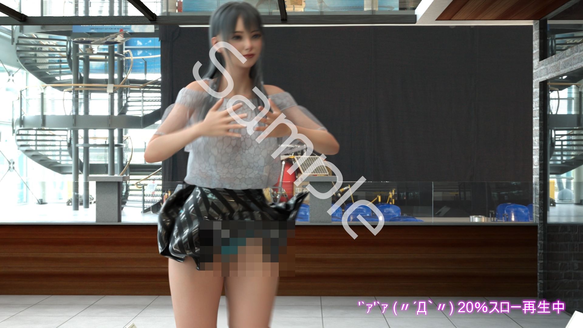 女子アナになった二階堂沙耶・早朝のニュース番組の冒頭でミニスカートでダンスすることを業務命令で強要される:Vol.007『ただの話題作りとのことで電源OFF（のはず）のカメラが4台、ローアングルから彼女のスカート内を覗き込むように設置されている:PV07_水色フルバックパンティで扇風機風チラ』