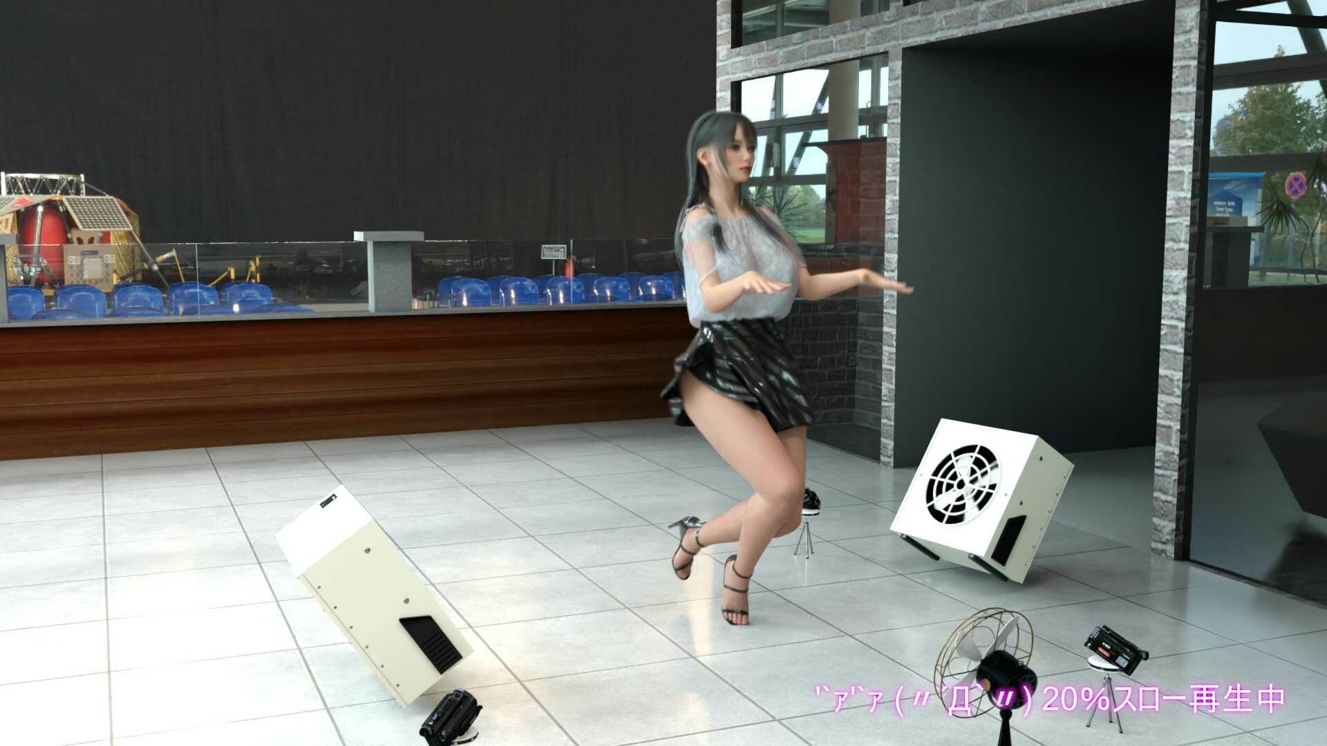 女子アナになった二階堂沙耶・早朝のニュース番組の冒頭でミニスカートでダンスすることを業務命令で強要される・ダンスVer.2:Vol.03『ただの話題作りとのことで電源OFF（のはず）のカメラが4台、ローアングルから彼女のスカート内を覗き込むように設置されている:PV03_花柄フルバックパンティで扇風機風チラ』