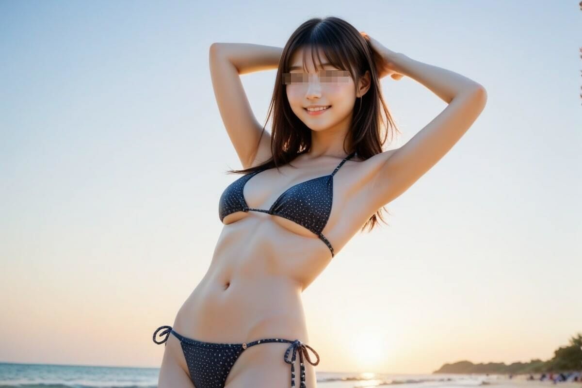 腋チラしながら微笑む女神ビキニ美女